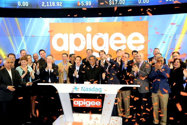 San Jose software company Apigee began trading on the Nasdaq on April 24, 2015. The company raised $87 million in its initial public offering, the second IPO of last year from a Silicon Valley tech company. (Nasdaq Creative Services)